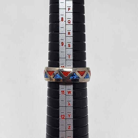 Vintage Sterling Silver Genuine Turquoise & Coral Navajo Native American Ring - Picture 4 of 4